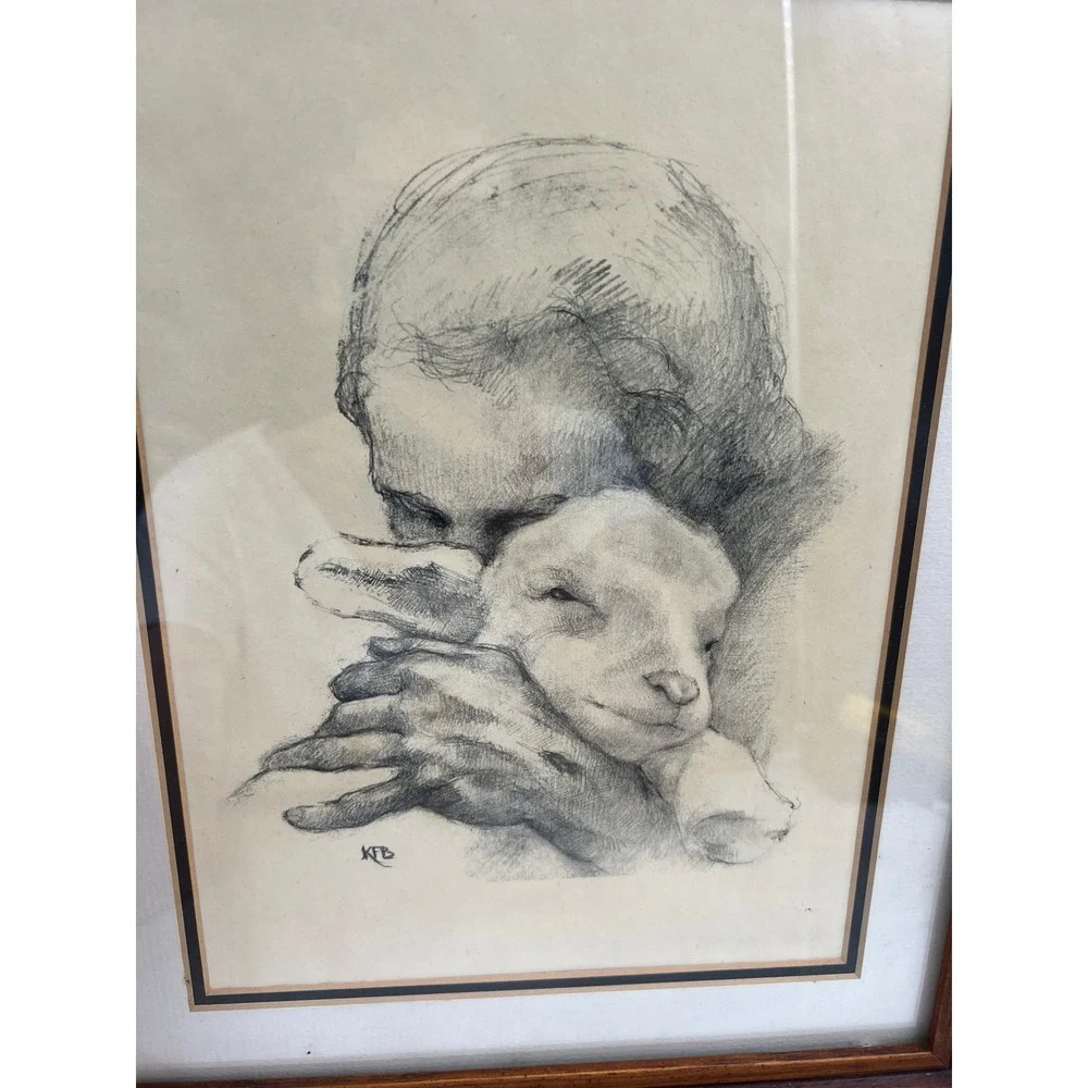 VTG Katherine Brown JESUS AND THE LAMB pencil sketch Framed